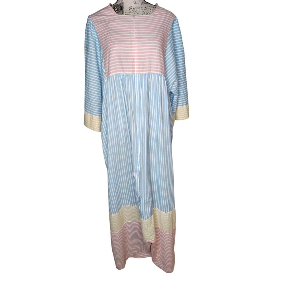Vintage Leisure Life Housecoat Mumu, Medium, Blue Yellow Red Stripe